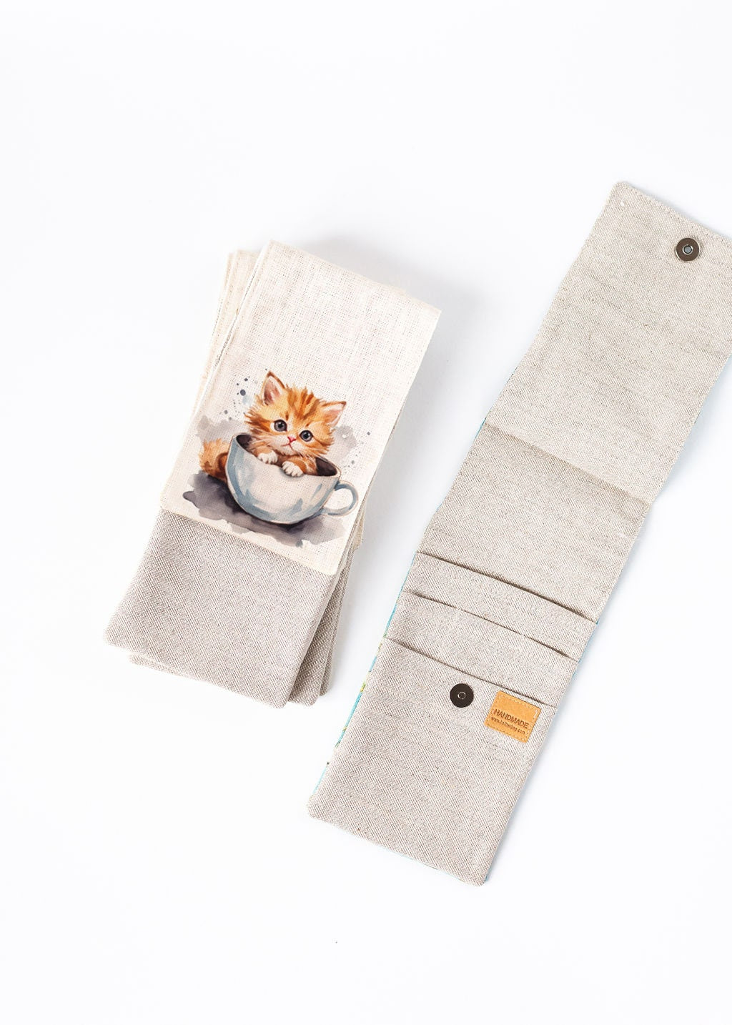 Knitting needle organizer case. Size: 4" x 9,2" (or 4" x 11"). Needles, Crochets and Hooks Case. Needle case with cat in cup