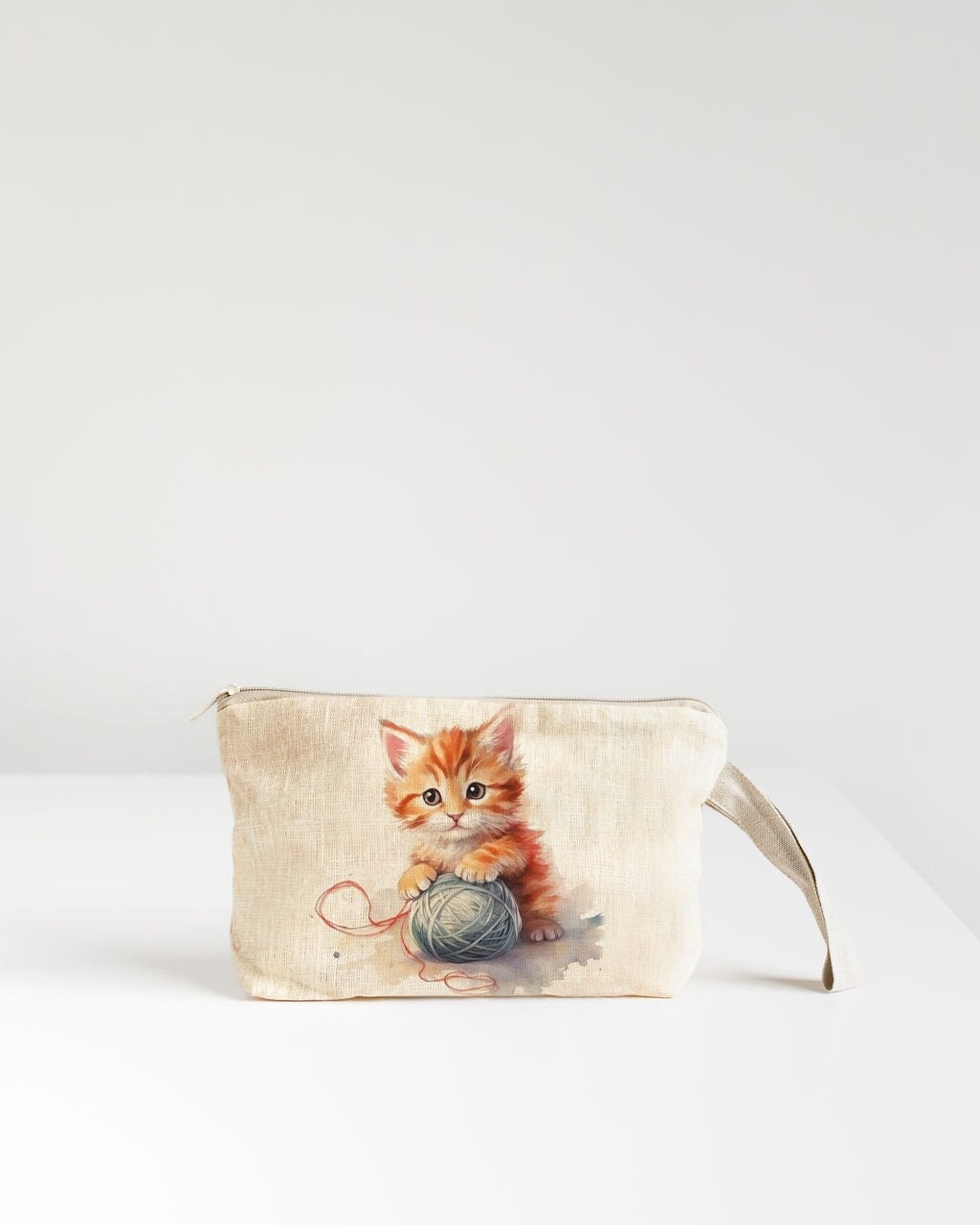 Wristlet pouch cat print fabric Natural linen