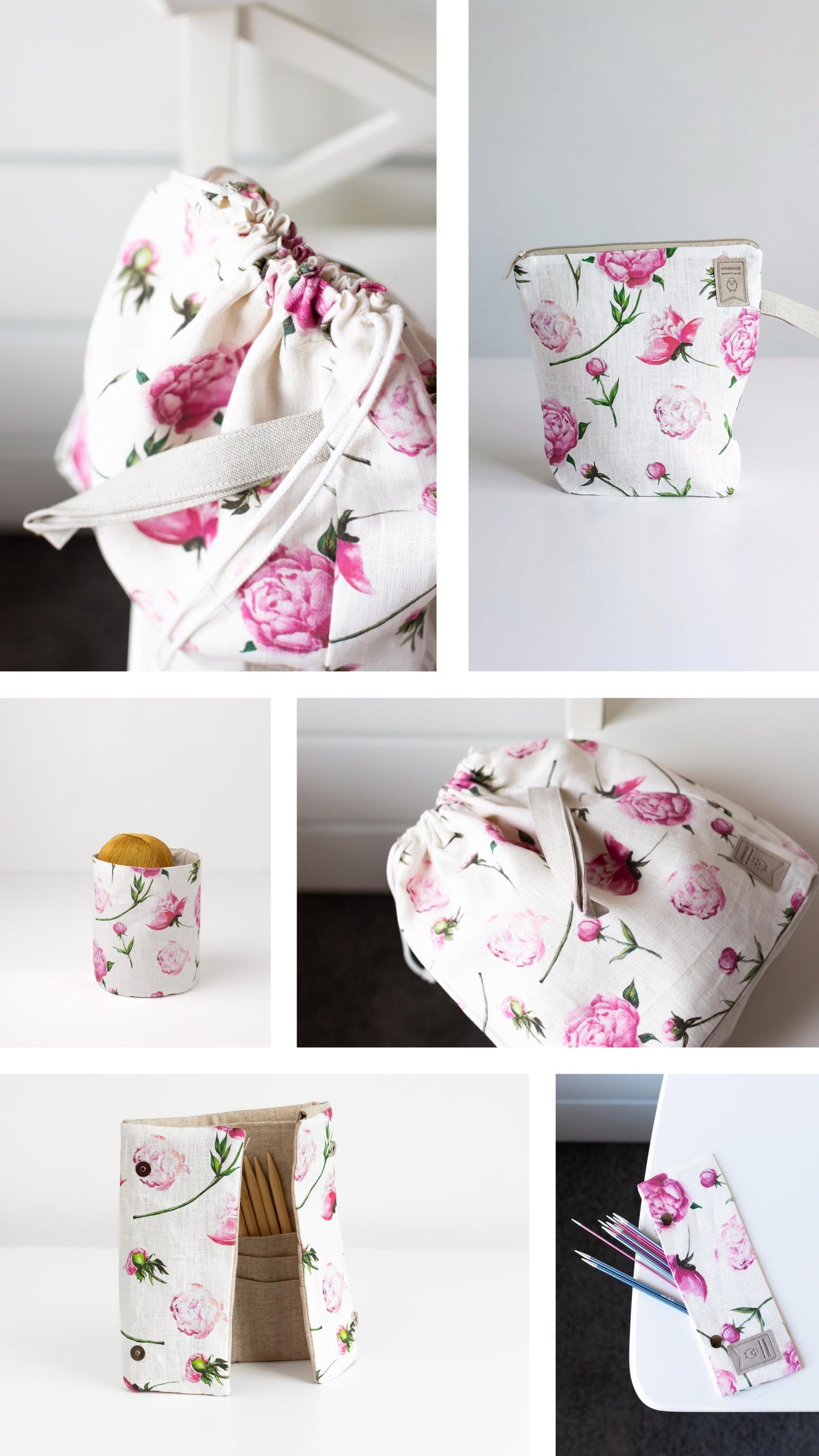 Set of 3  Knitter Project Bags. XL, Large and Small. Peony flowers