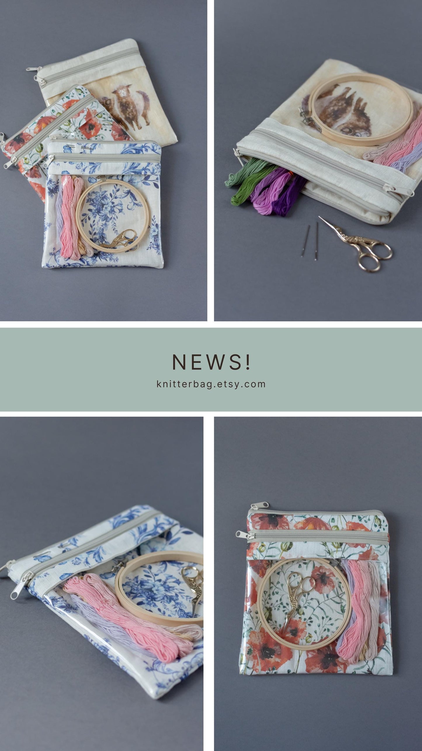 Project bag for Embroidery projects. Storage Travel Hand Sewing Projects. Stitch Project Case with Christmas sheep print, Sizes 13x11 or 8x9