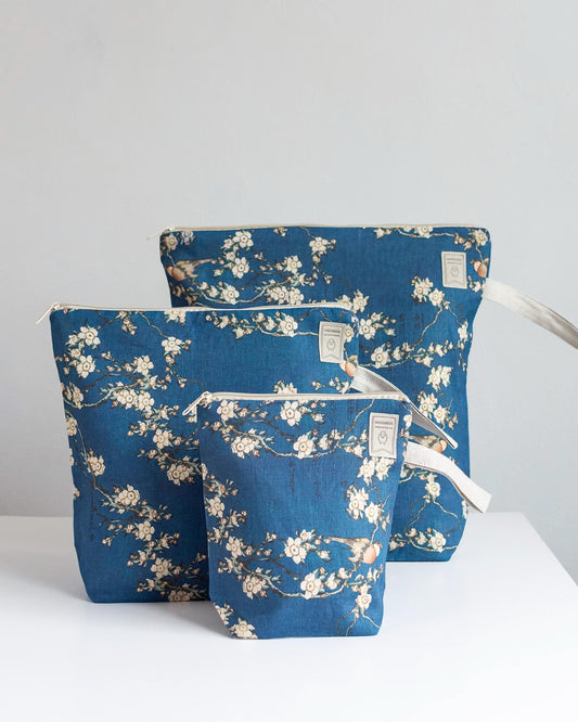 Project Bag with zipper inspired Bullfinch and Weeping Cherry by Katsushika Hokusai, Sizes Small, Medium, Large.