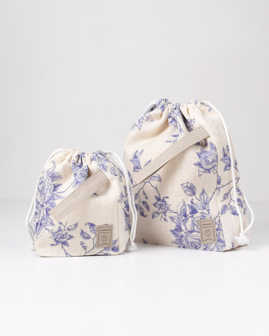 Project bags. Set of 2 Knitter Project Bags. Large and Small. Blue roses collection in Toile de Jouy style.