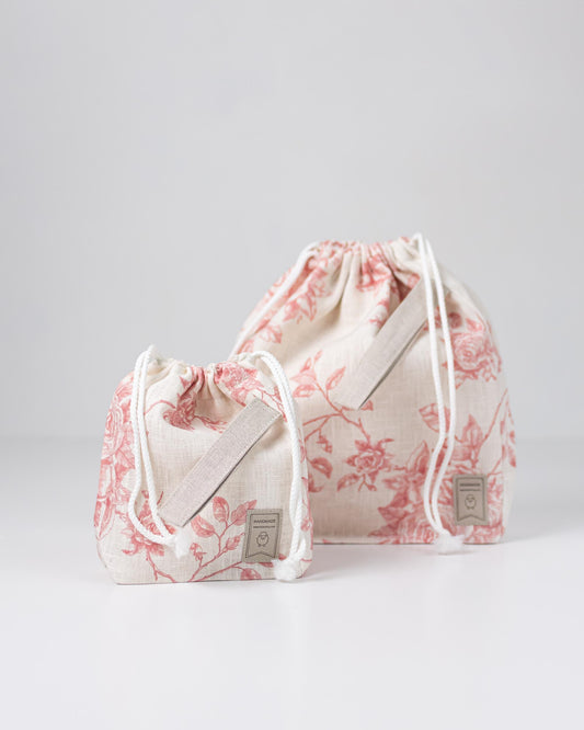 Red roses collection in Toile de Jouy style Project bags. Set of 2 Knitter Project Bags Large and Small.