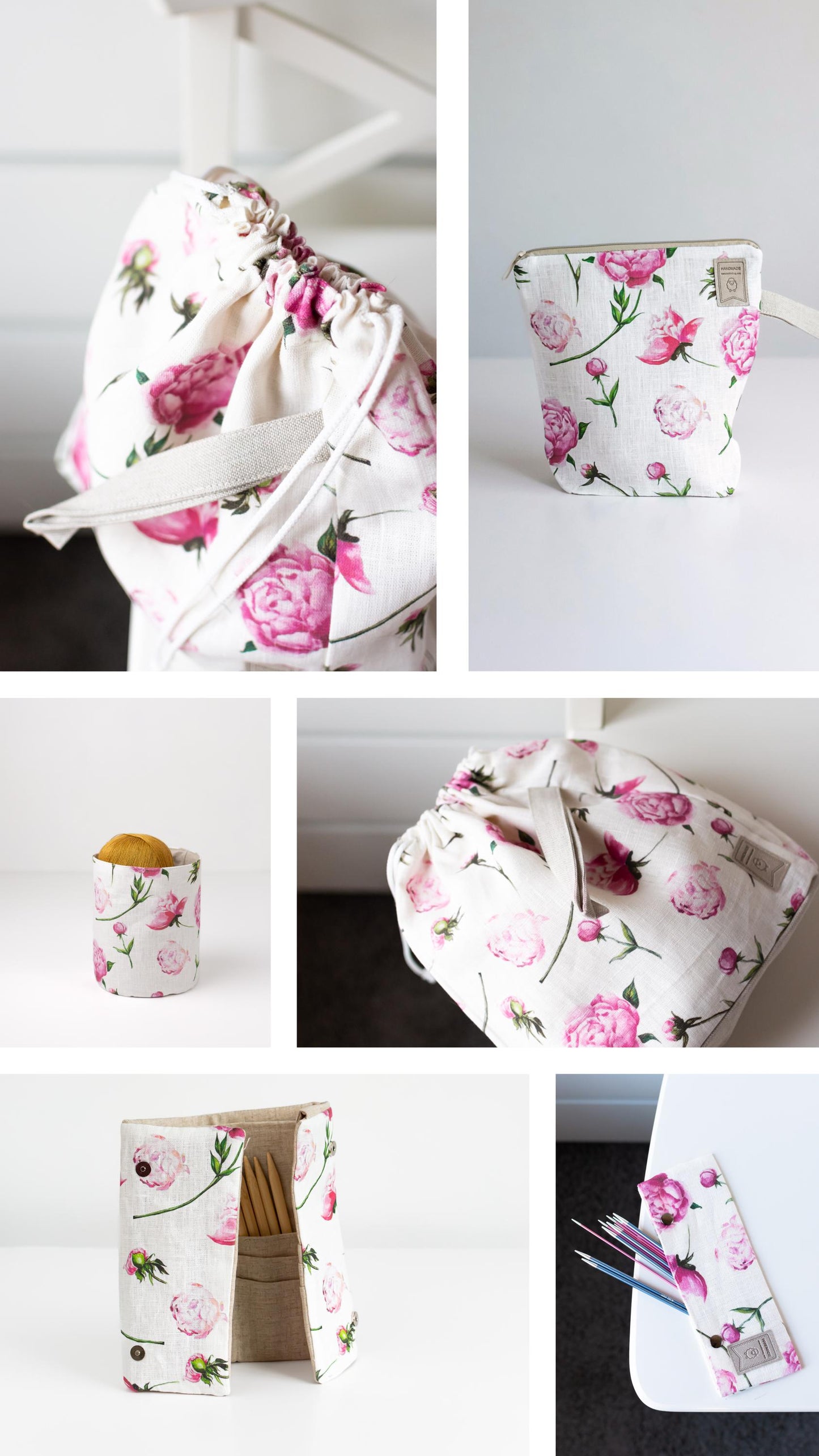 XL size Knitting Project Bag. Special KnitterBag design. Peony Drawstring Knitting Project Bag. Large. Summer Flowers collection