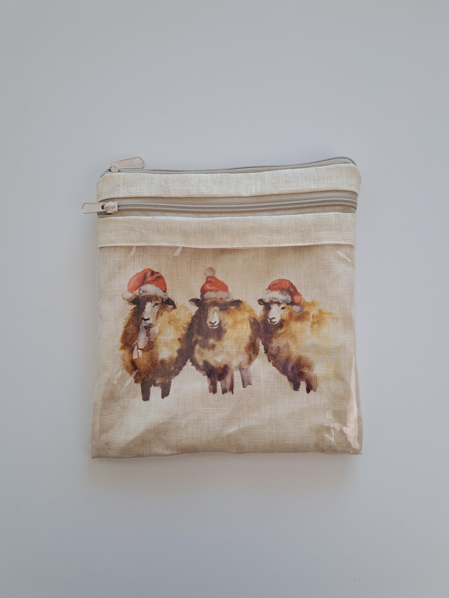 Project bag for Embroidery projects. Storage Travel Hand Sewing Projects. Stitch Project Case with Christmas sheep print, Sizes 13x11 or 8x9