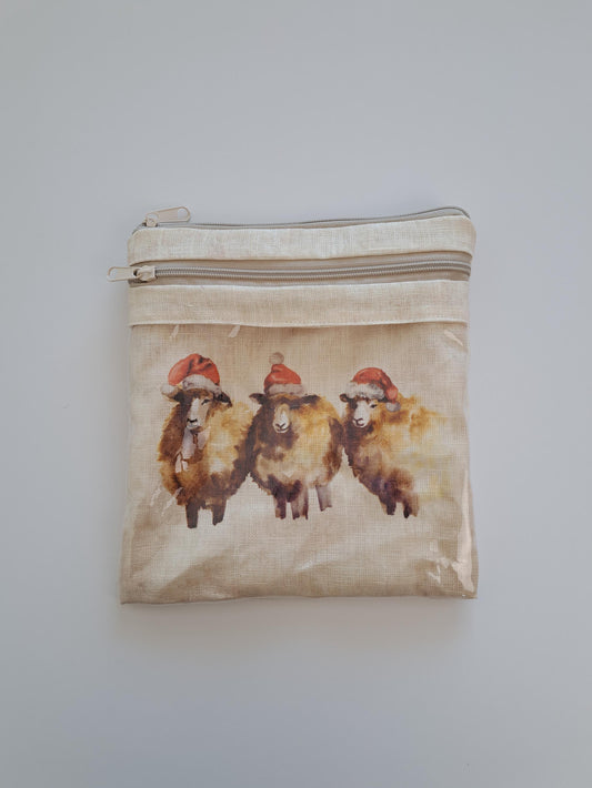 Project bag for Embroidery projects. Storage Travel Hand Sewing Projects. Stitch Project Case with Christmas sheep print, Sizes 13x11 or 8x9