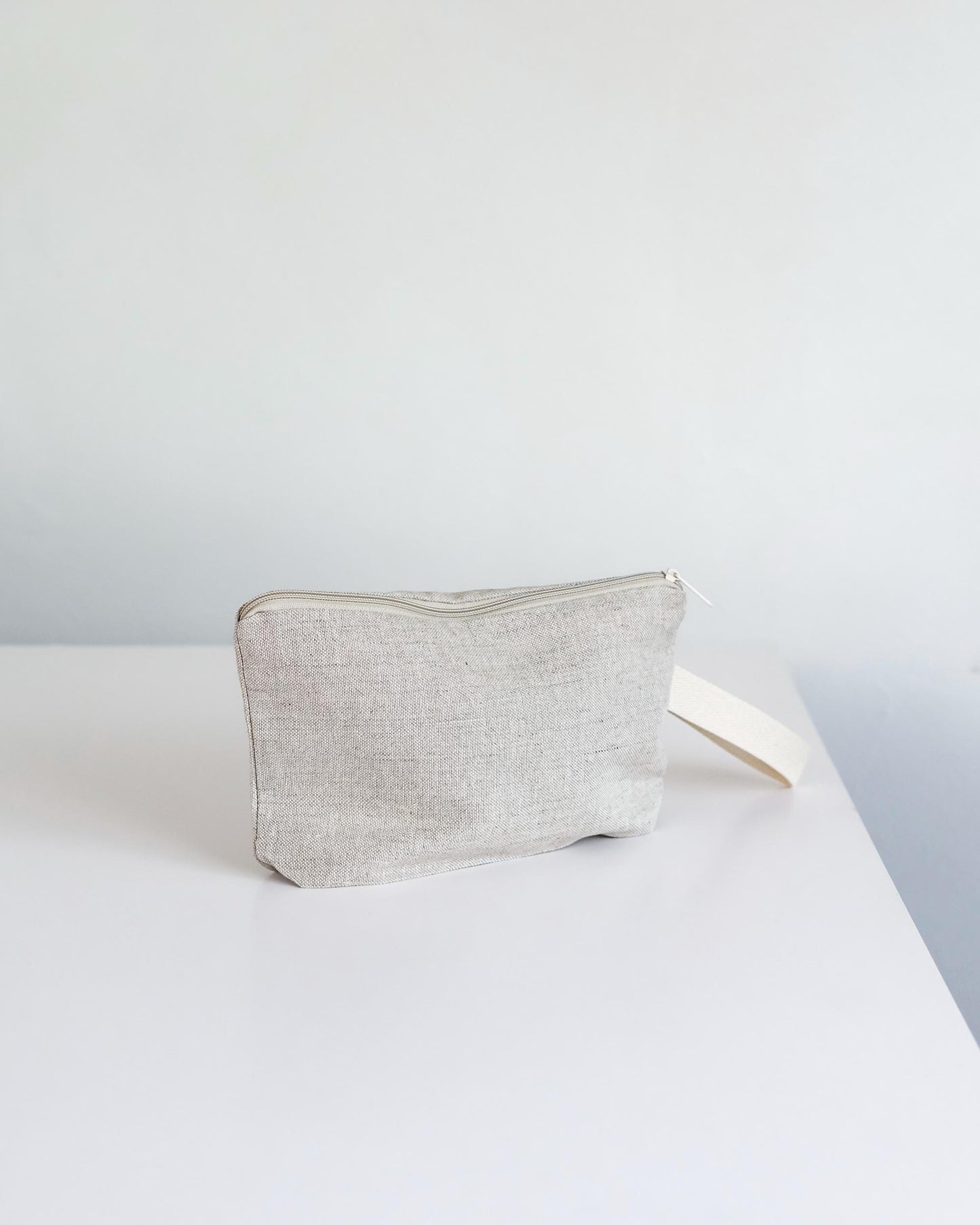 Wristlet pouch Sheep print fabric Natural grey linen - cosmetic bag pouch
