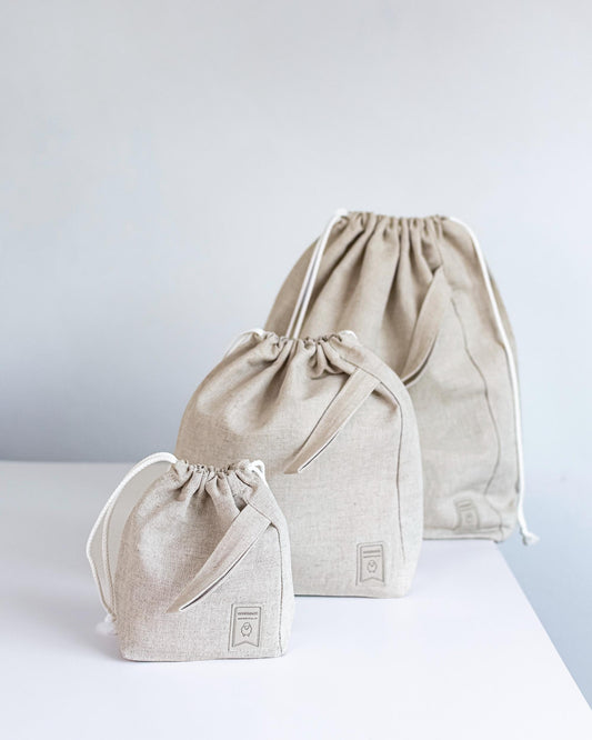 Small, Medium and Large Natural grey linen drawstring project bags. Set of 3 Linen Knitter Project Bags.