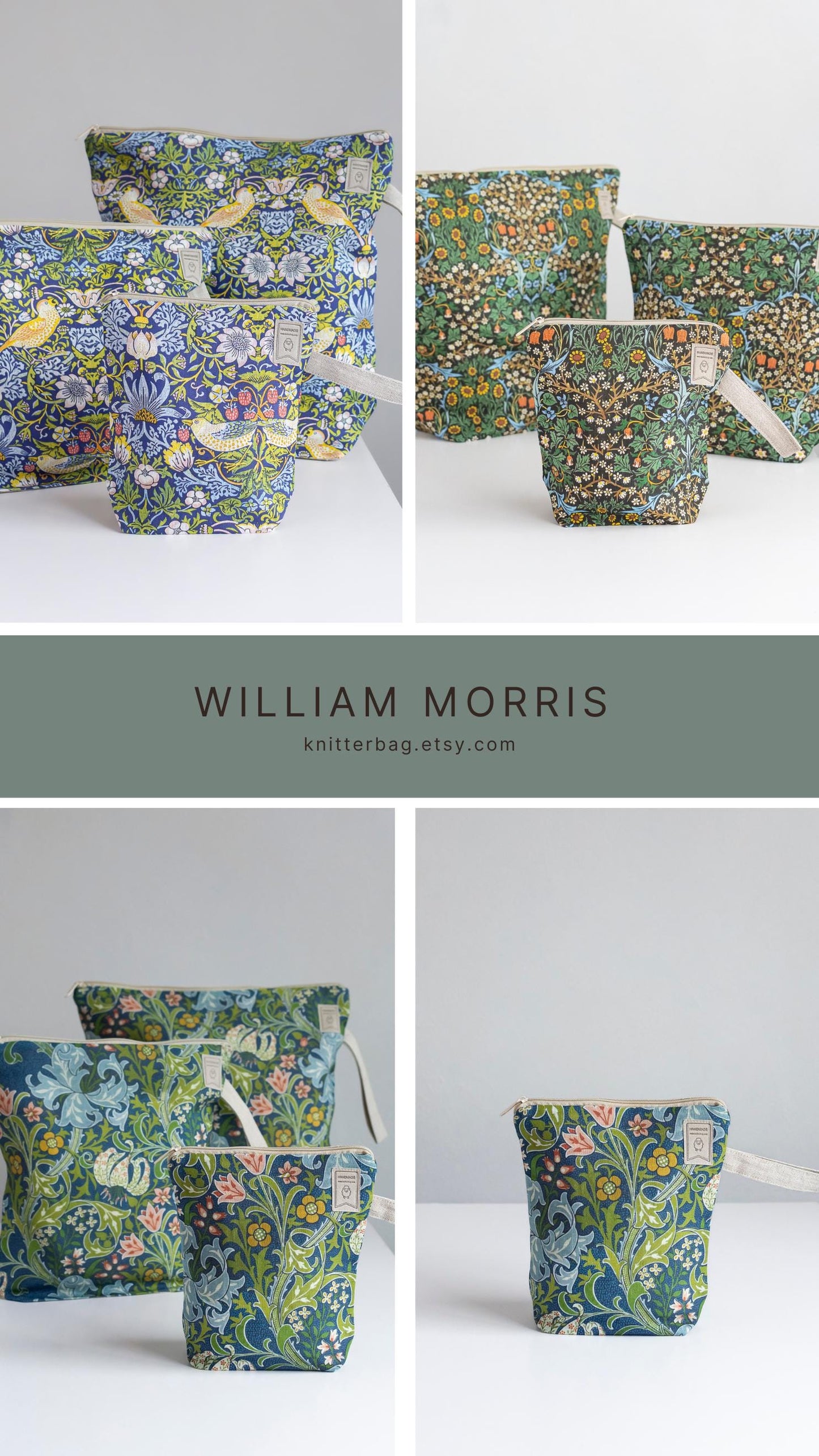 William Morris Blackthorn print Set of 3 Project Bags. Sizes XL, Large and Small.