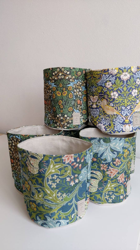 Linen fabric storage burlap basket with iconic William Morris patterns such as Strawberry Thief, Seaweed, Golden Lily or Blackthorn print.